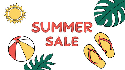 Cheerful Summer Sale Illustration: Beach Ball, Flip-Flops, Tropical Leaves, and Sun;  Bold Red Text on White Background; Playful, Fun, and Vibrant Cartoon Style.