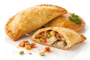 Golden baked empanadas filled with chicken and vegetables on a white background