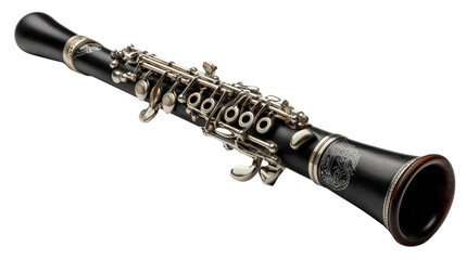 Naklejka premium Clarinet, detailed design, black body, shiny keys, isolated on white background.