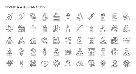 Collection of health and wellness symbols representing various medical concepts and treatments in a clean, minimalist style for modern healthcare applications.
