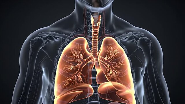 Detailed Medical Animation Displaying a Translucent Human Torso with Focus on Orange Lungs and Respiratory System Structure on Dark Gray Background Perfect for Medical Illustration and Education