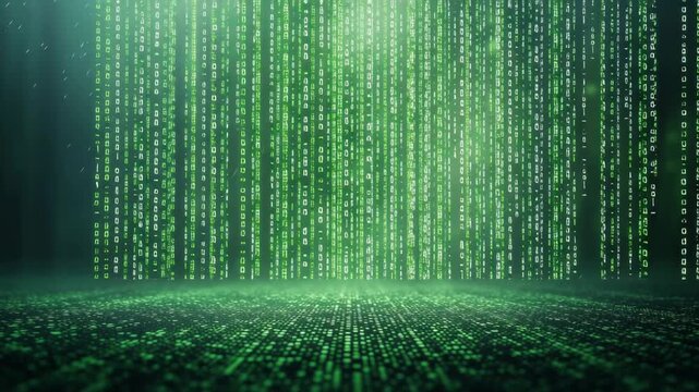 Digital code rain in green matrix style, falling endlessly, camera static front view, loopable.