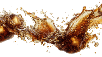 Cola beverage splash with bubbles, on a transparent background.