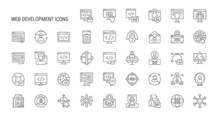 Line art depicting web development concepts and tools on a clean white canvas, conveying a modern and technical feel.