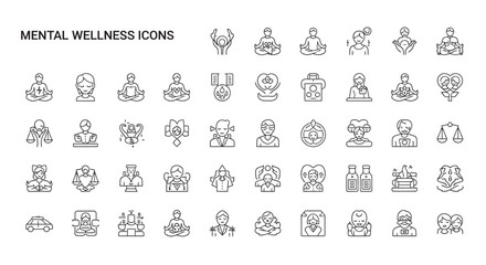 Collection of mental health line art symbols representing mindfulness, therapy, and emotional wellbeing on a clean, white backdrop promoting serenity.
