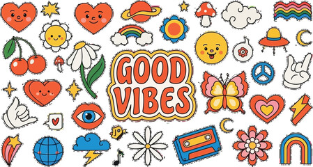 Embrace positivity with this vibrant collection of retro 'Good Vibes' illustrations and cheerful icons