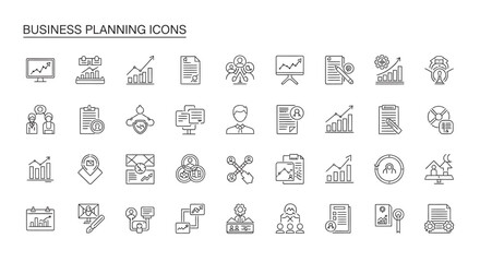 Business planning symbols representing strategy and analysis with thin line style on white backdrop, conveying professional and modern feel.