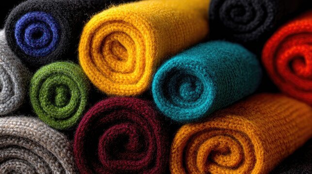 Rolled up knitted fabrics in various colors.