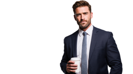 Confident businessman holding a coffee cup, dressed in a suit, isolated on a white background.