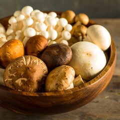 Obraz premium Assorted Mushrooms in Wooden Bowl (1)