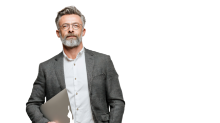 Confident businessman in a gray suit holding a laptop, isolated on white background.