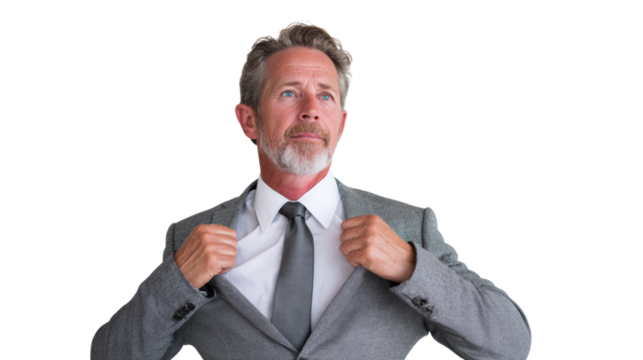 Confident businessman adjusting his suit for a professional look, white isolated background.