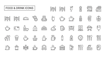 Collection of food and drink symbols arranged on white surface representing culinary and beverage options in a minimalist style.