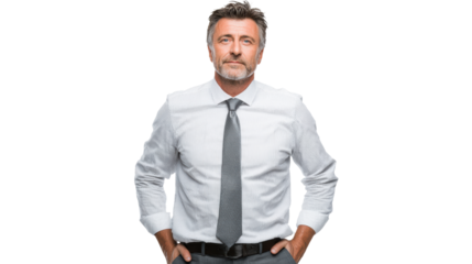 Confident businessman in a white shirt and tie, standing with hands on hips, isolated on white background.