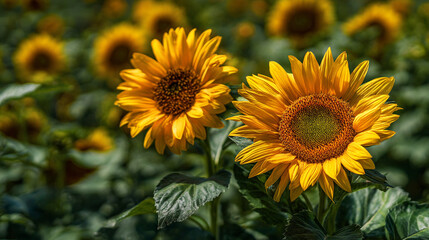 Obraz premium A close up shot of two vibrant sunflowers in full bloom amidst a field of blurred sunflowers and foliage
