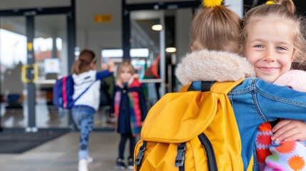 Joyful elementary school girls with backpacks hugging outside school, symbolizing friendship and reunion.