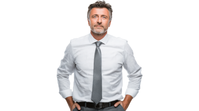 Confident businessman in a white shirt and tie, standing with hands on hips, isolated on white background.