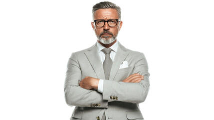 Confident businessman with arms crossed, wearing a suit and glasses on white isolated background.