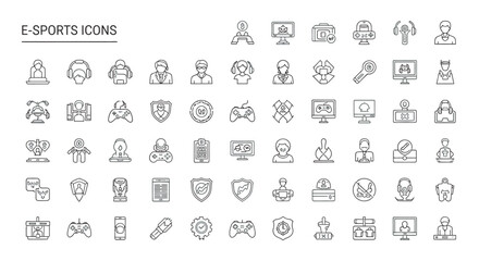 Collection of esport line art symbols depicting gaming competition and online tournaments on white backdrop showcasing modern entertainment and digital lifestyle.