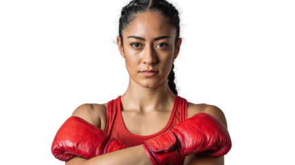 Confident female boxer in red gloves, strong pose, isolated on white background.