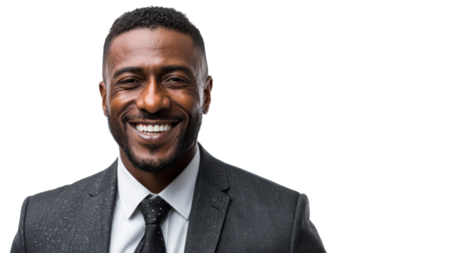 Confident man in a suit smiling against a white isolated background.