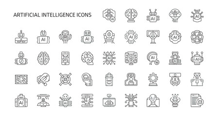 Artificial intelligence line art depicts various ai concepts and technologies on a clean white backdrop, showcasing innovation and progress.