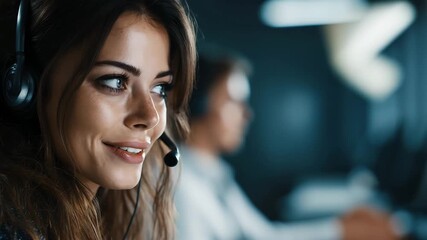 Friendly customer service representative assisting with a call in a modern office setting