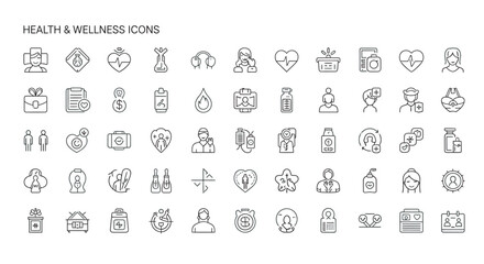Collection of health and wellness symbols displayed on white backdrop representing healthcare and healthy lifestyle with minimalist aesthetic.