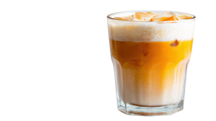 Delicious iced coffee in a glass with cream and ice cubes on a white isolated background.