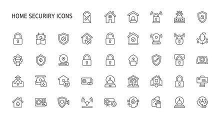 Thin line home security symbols representing protection and safety in a minimal style for modern digital interfaces and applications.