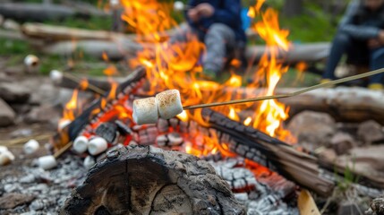 Classic Campfire Fun: Roasting Sweet Marshmallows Outdoors at Dusk with Friends