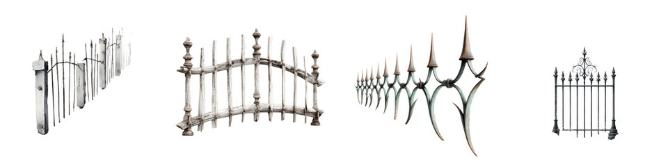 Naklejka premium Wrought Iron Fence Set: Rustic and Decorative Metal Fences on White Background