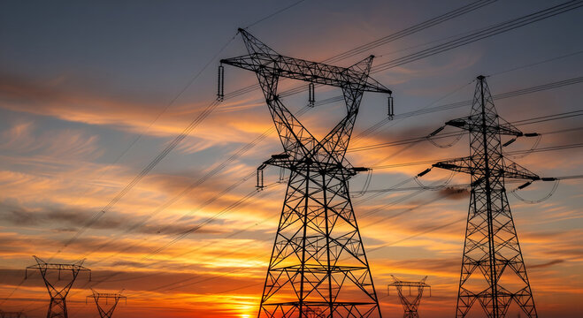 High voltage lines in the sunset sky