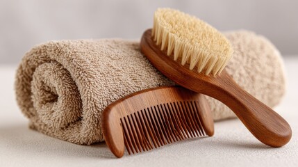 Rolled towel, wooden brush and comb