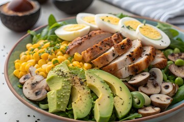grilled chicken eggs corn avocado and shiitake mushrooms salad 