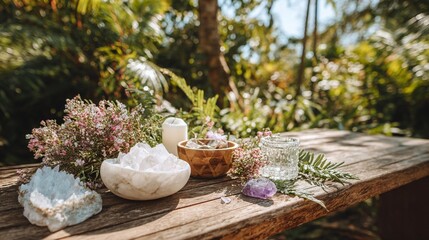 Outdoor crystal arrangement on wooden table