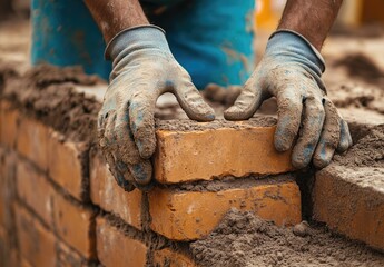 Close-up of hands placing a brick in a wall.