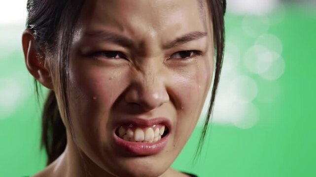 Close-up of an Asian woman's face showing a strong expression of anger and frustration.