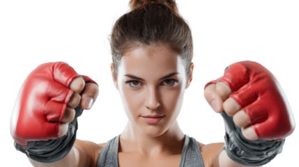 Female athlete in boxing gloves, posing confidently with fists raised, isolated on white background.