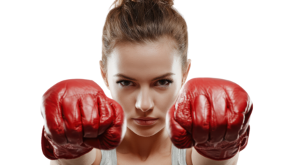 Female boxer focused and ready to fight, with red gloves on a white isolate background.