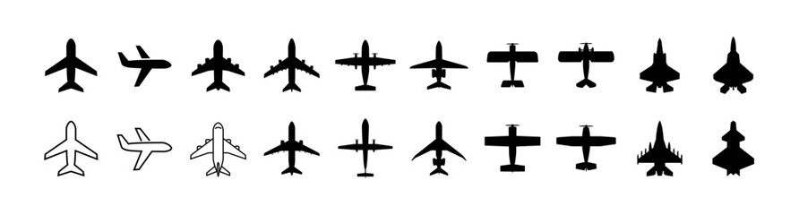 A simple icon set featuring various airplane silhouettes (passenger planes, fighter jets, biplanes, etc.) and symbols representing travel and aviation