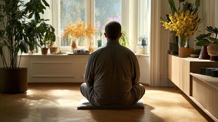 Person meditating in interior with sunlight