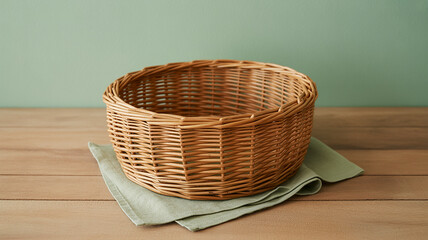 Natural woven willow basket resting on a soft green cloth