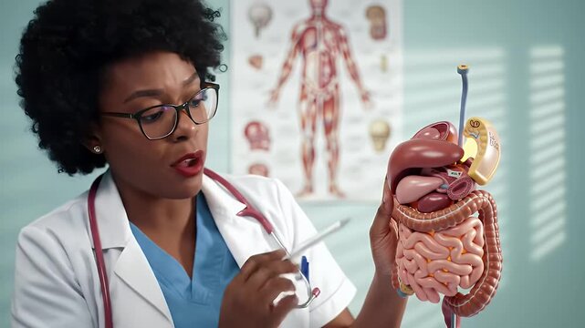 Focused African American Medical Professional Explaining the Human Digestive System with a Detailed Model Wearing White Coat and Glasses in a Studio Setting Perfect for Education and Health Awareness