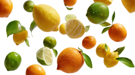 Fresh citrus fruits including lemons, limes, and oranges, isolated on a white background.