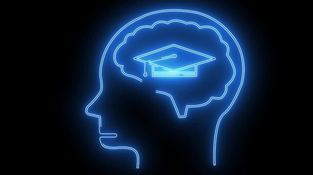 human brain head icon and graduation cap icon with neon effect