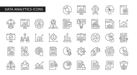 Data analytics line art showing various graphs and charts representing information analysis and business intelligence in a clean, minimalist style.