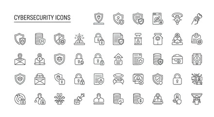 Cybersecurity elements depicted as thin line art symbols representing data protection and network security in a modern, minimalist style.