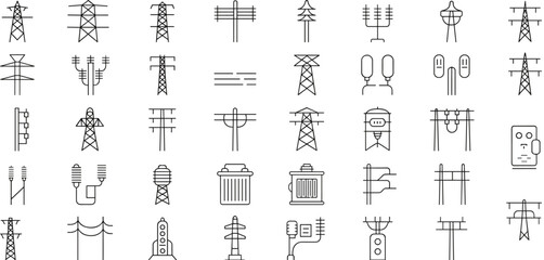 Electrical transmission tower icons, utility poles, power lines, insulators, infrastructure, energy distribution, electricity grid, high voltage, engineering, silhouette set, flat vector illustration