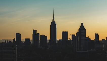 Modern City Skyline Silhouette at Dawn with Skyscraper Against Gradient Sky